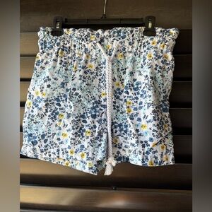Ana Women’s Linen Shorts Pull On Floral Pockets White Blue Yellow